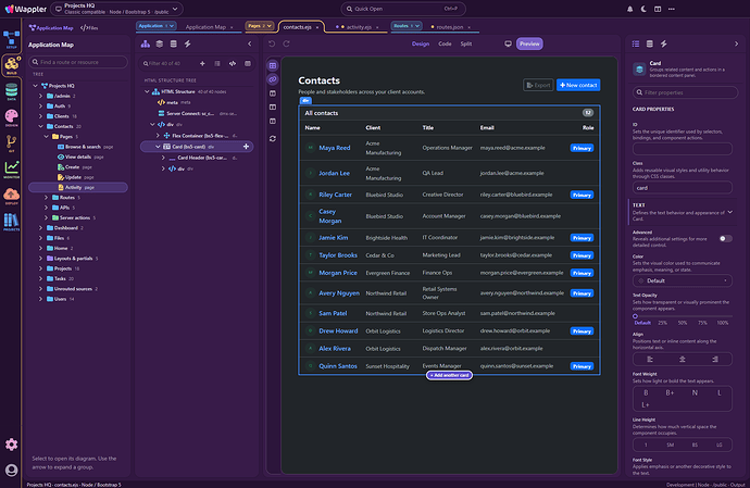 Contacts in the HTML editor with the rendered list, expanded Structure and Card properties