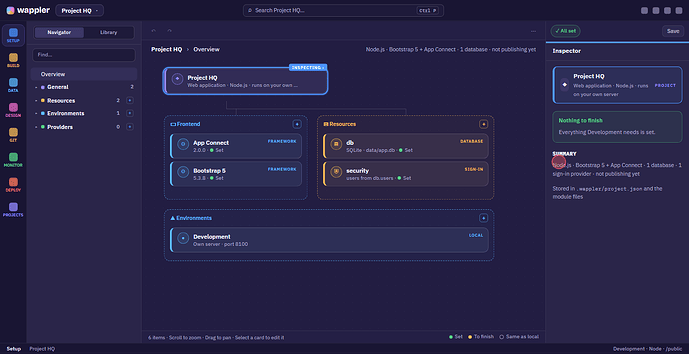 Design mockup: a proposed Setup overview connecting the project's frameworks, resources and environments.