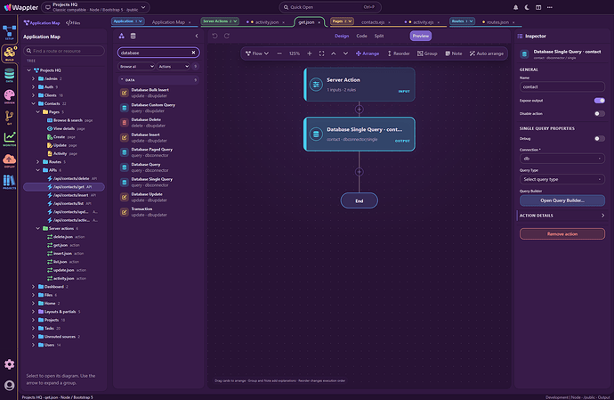 The contact-loading action in Server Connect with Database Single Query selected, database actions in the Library and its properties in the Inspector