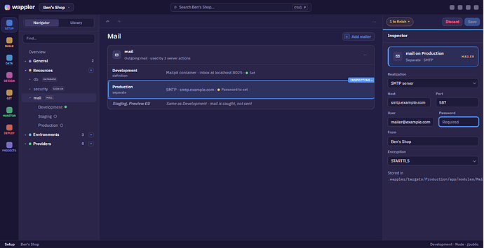 Design mockup: one mail resource showing local mail capture and separate Production SMTP settings.