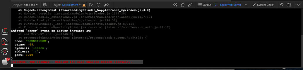 [nodemon] app crashed - port in use - waiting for file changes before ...