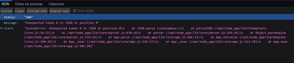 Unexpected token N in JSON at position 0