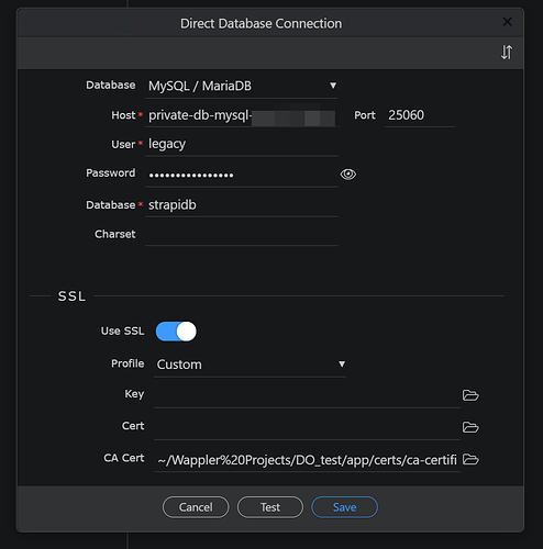 settings database connector