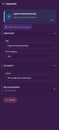 The new Activity API Inspector showing its URL, HTTP method and Open Server Connect button