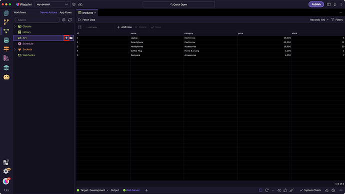 Add new Server Action button