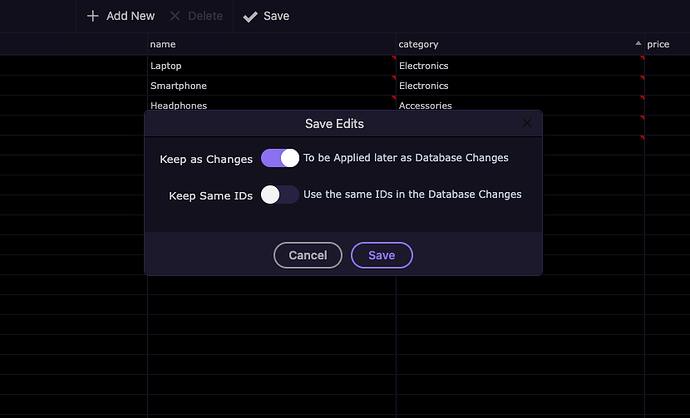 Save edits as database changes