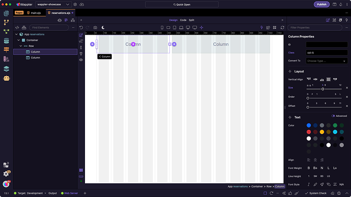 Resize columns in the Design Canvas