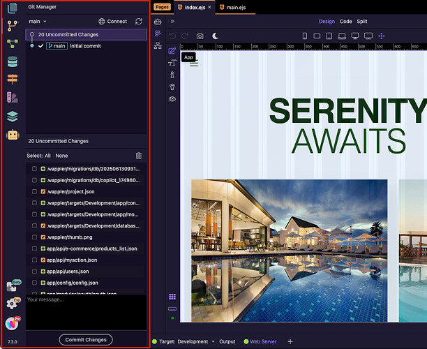 The Git Manager showing uncommitted changes