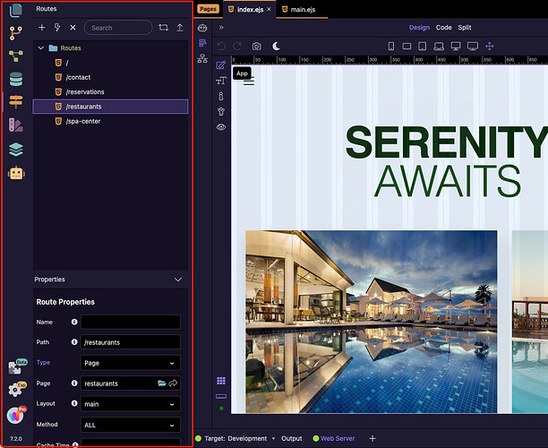 The Routing Manager showing page routes and their properties