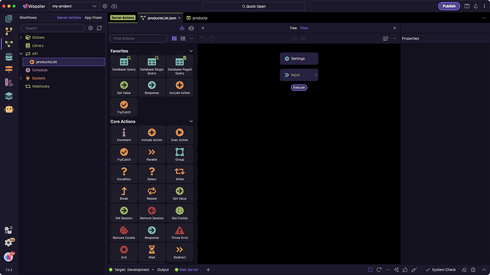 The Server Action editor