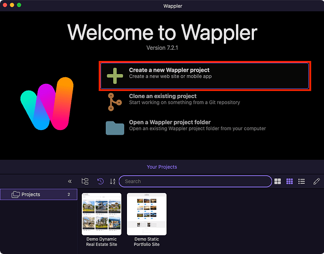 Wappler startup dialog