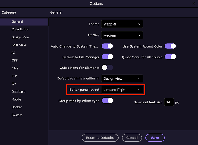 Wappler Settings - Panel Layout set to Left and Right