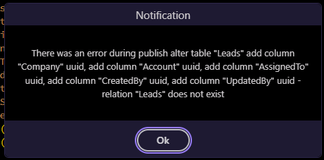 Unable to deploy after attempting to add new table in database manager ...